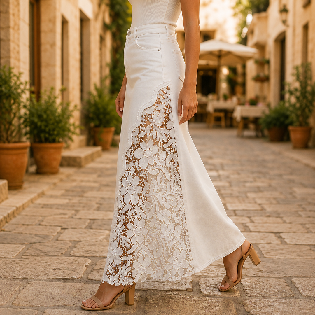 Solenne Lace Denim Maxi Skirt