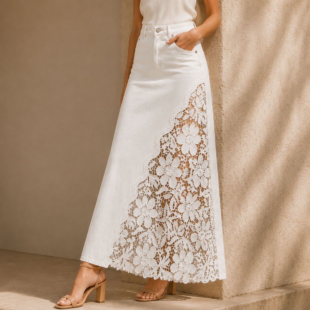 Solenne Lace Denim Maxi Skirt