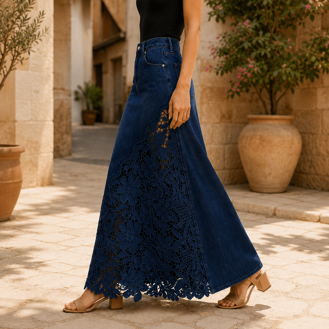 Solenne Lace Denim Maxi Skirt