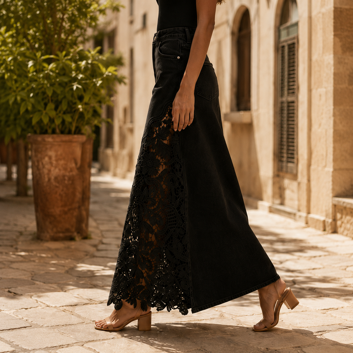 Solenne Lace Denim Maxi Skirt