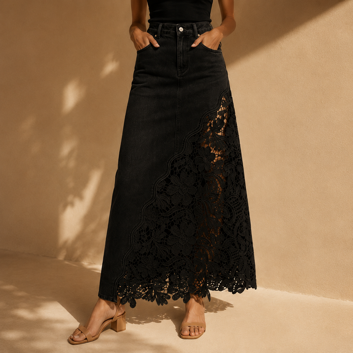 Solenne Lace Denim Maxi Skirt