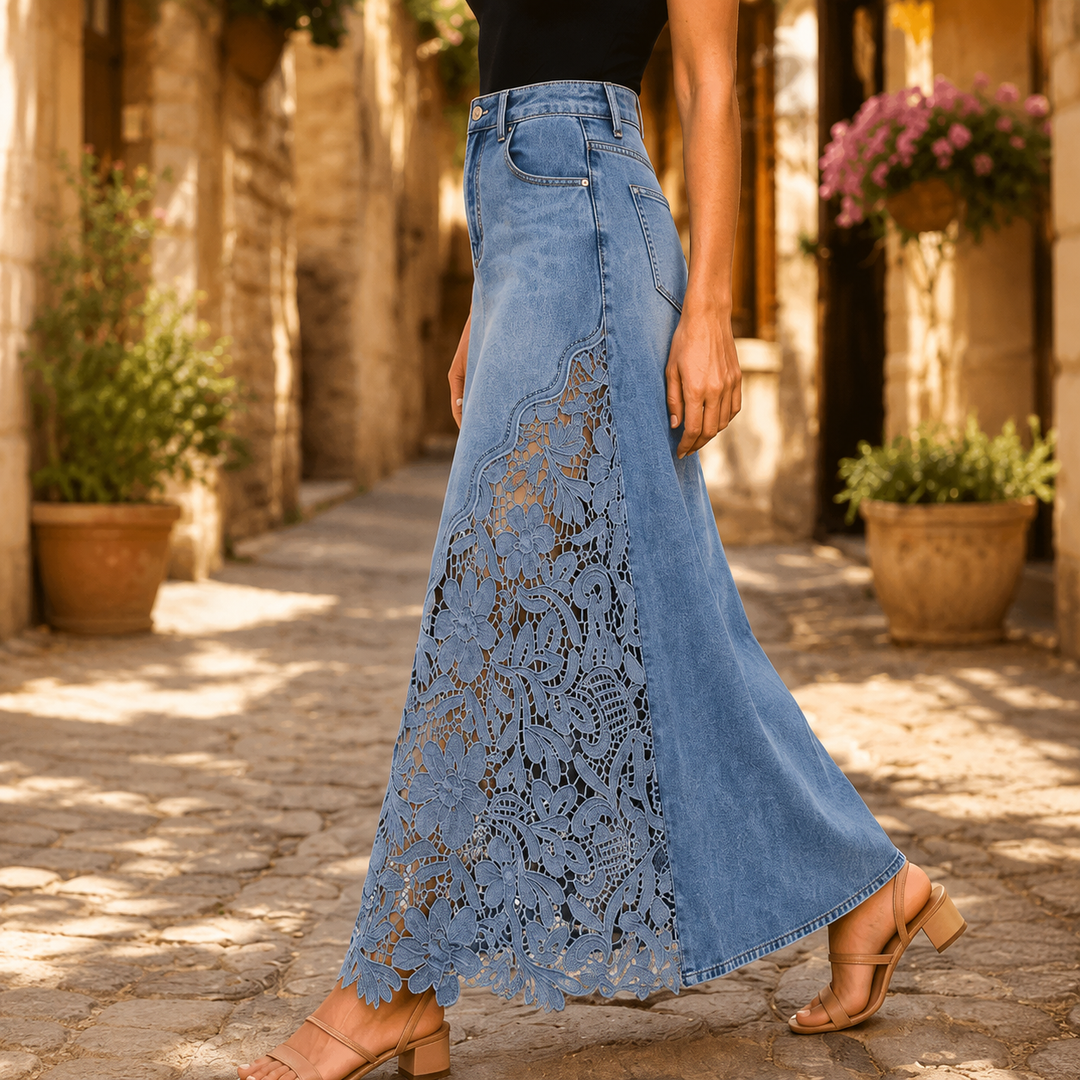 Solenne Lace Denim Maxi Skirt