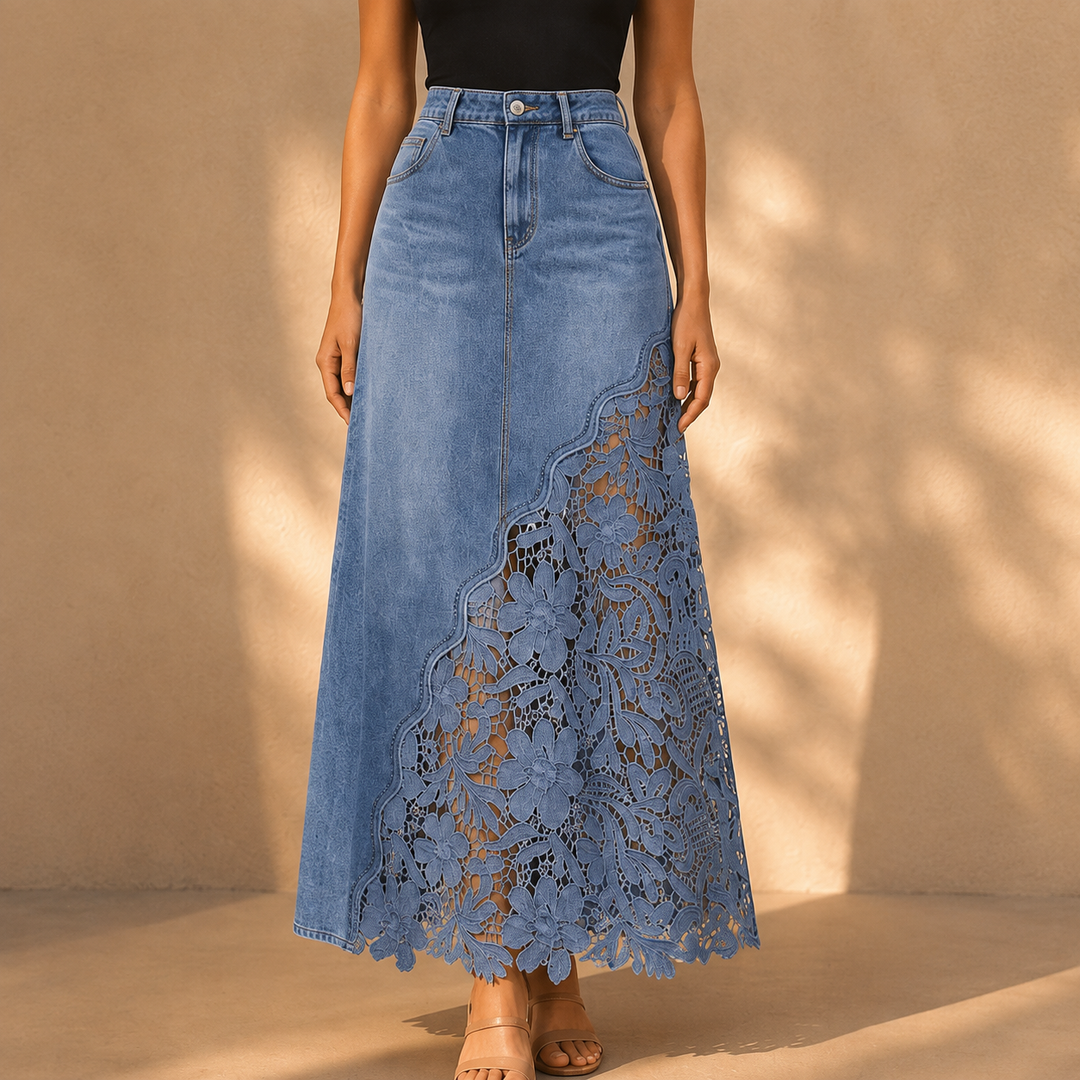 Solenne Lace Denim Maxi Skirt